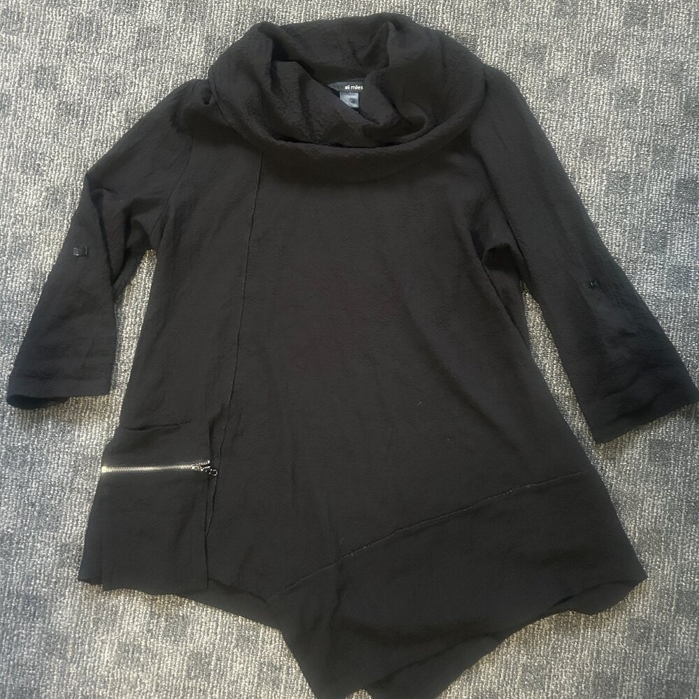 Ali Miles black gauzy crinkle top cowl neck asymmetrical pointed hem XL goth